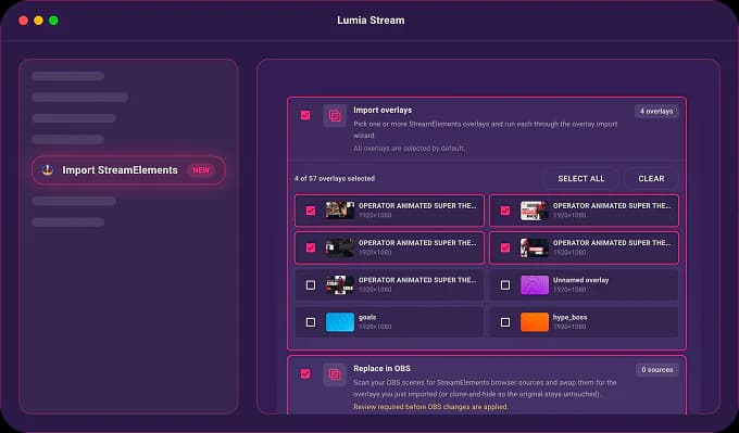 Select the overlays to bring over screenshot